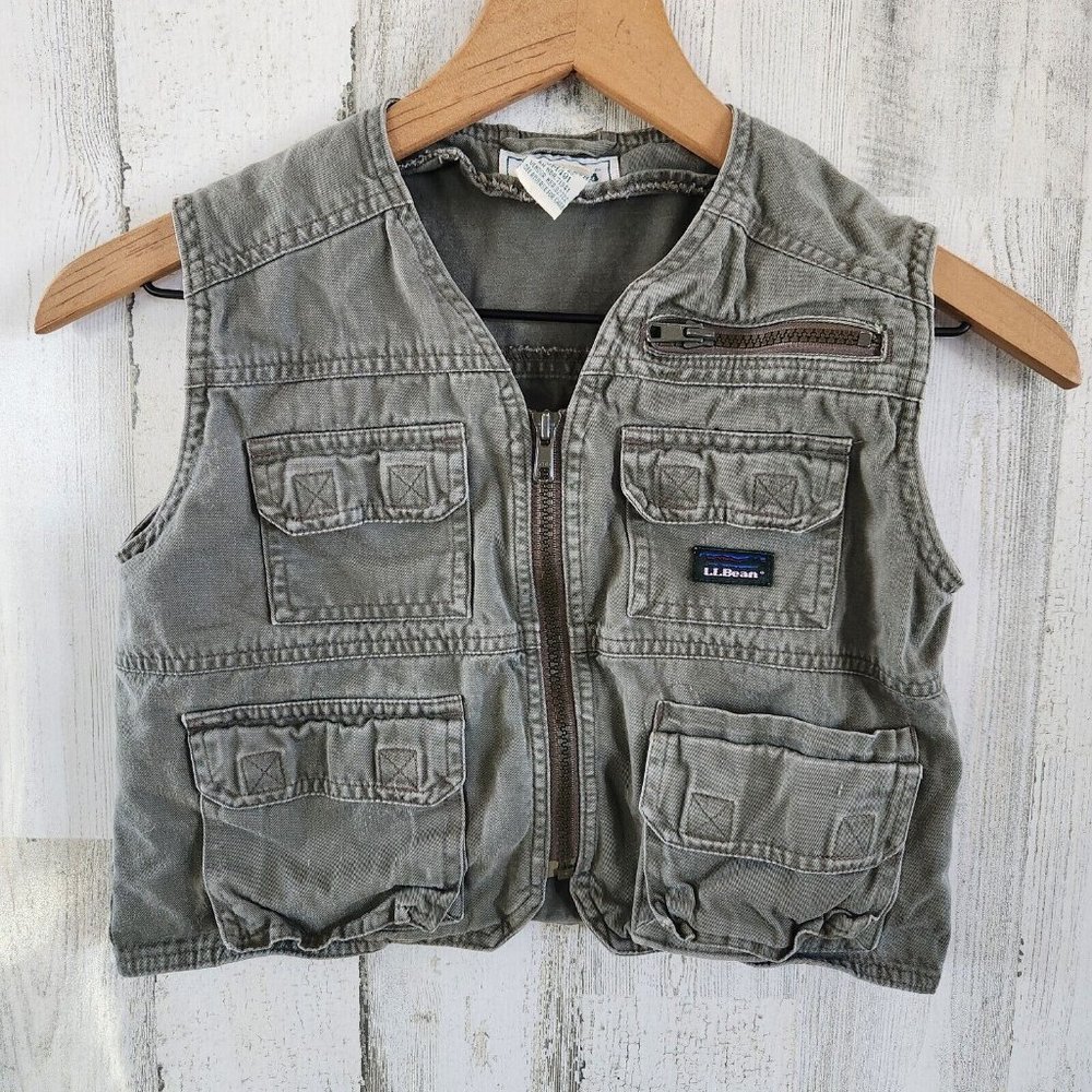 LLBean Vest Kids Size XSmall/6 Green Fishing Pockets Front Zipper Pocket Vintage